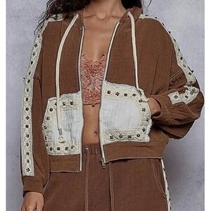 POL Boho Studded Hooded Jacket Oversized Boxy Medium NWT Crochet Embellished